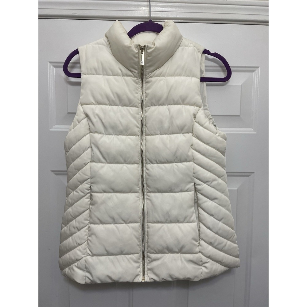 Tommy Hilfiger Quilted Puffer Vest Womens Medium Cream Zip High Neck Preppy